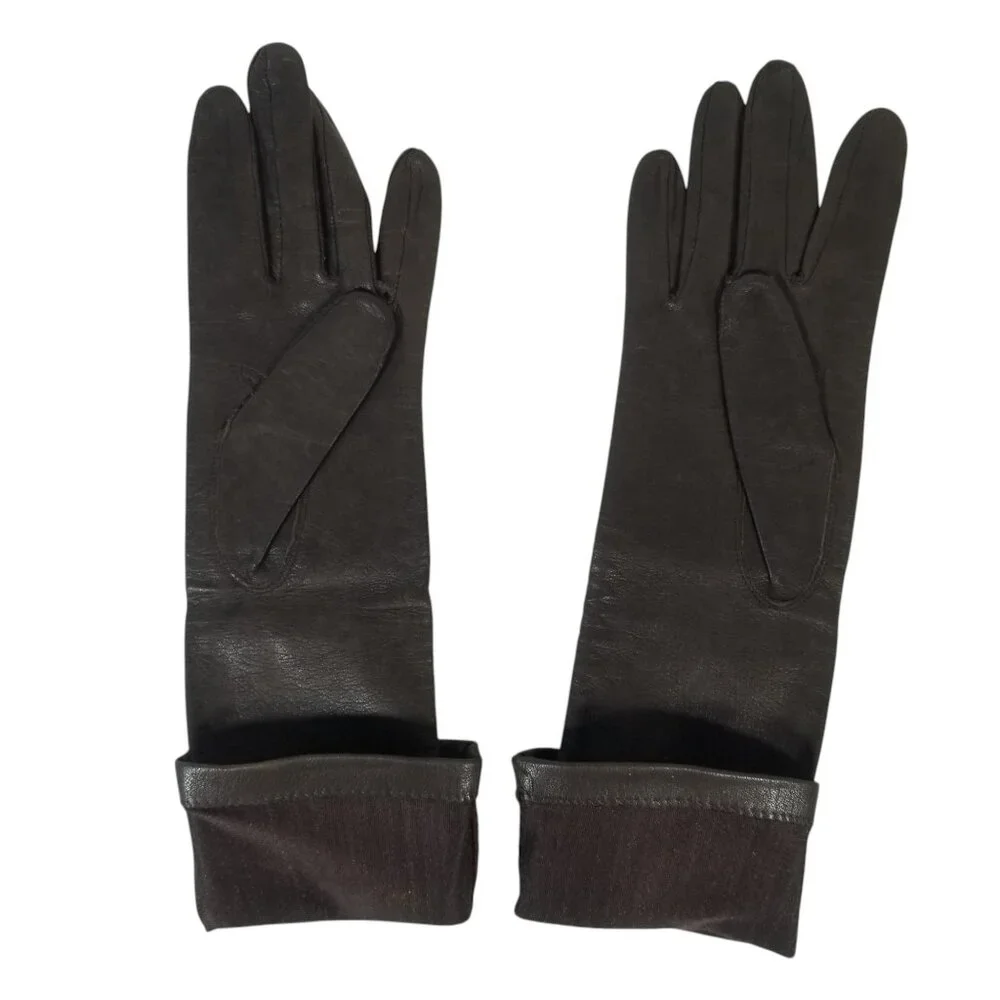 Vintage Leather Gloves Dark Brown Kid 3/4 Length Silk Lined Washable 6 1/2